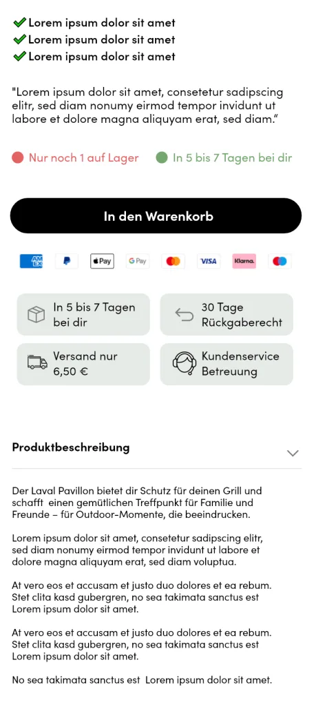 Mobile Produktdetailseite mit klarer Struktur: Galerie, Bulletpoints und Conversion-Zone