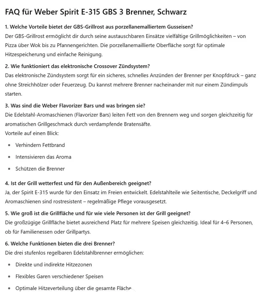 Screenshot: Ergebnis des FAQ-GPTs mit generierten Produkt-Fragen und Antworten
