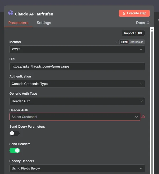 n8n-Node Claude API aufrufen: Authentication auf Generic Credential Type, Generic Auth Type auf Header Auth, darunter das noch leere Credential-Feld